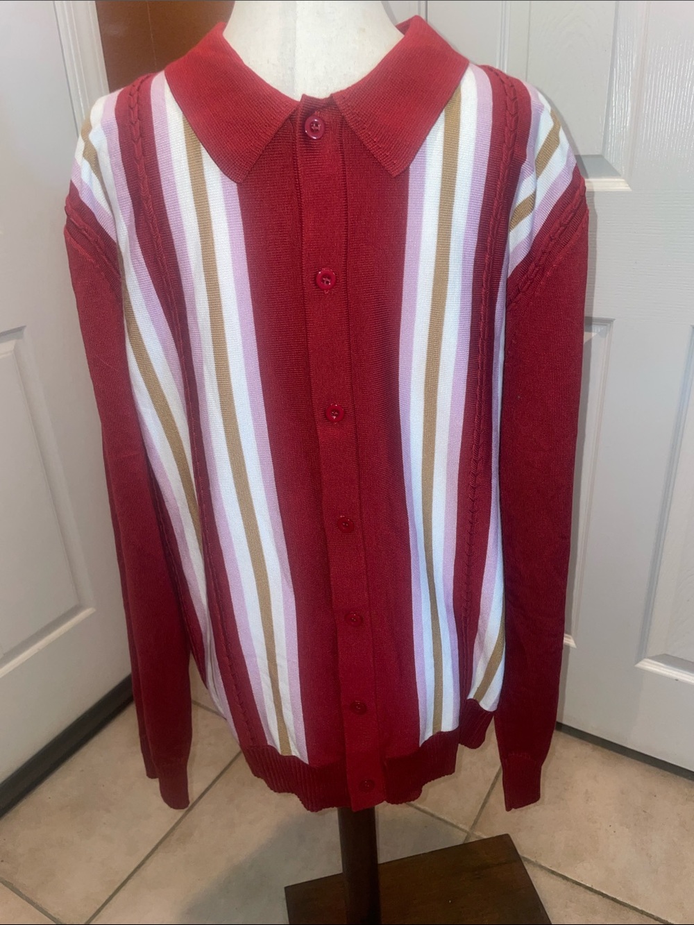 Men's Red Striped Collared Cardigan Sweater